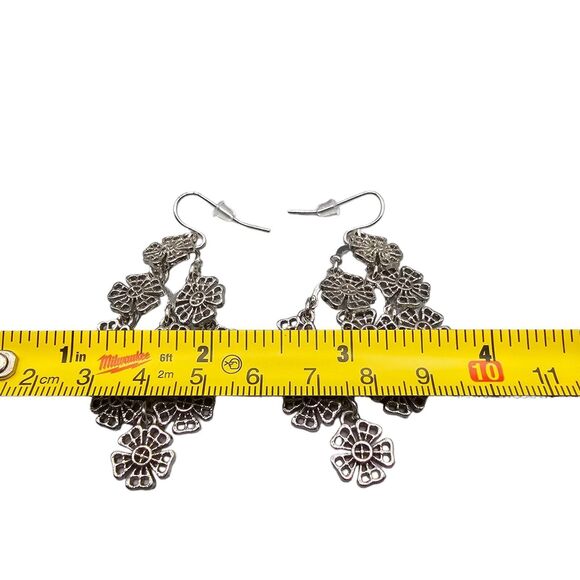 Floral Cascade Pierced Earrings Dangle Intricate Filigree Silver Tone Fashion - Picture 5 of 10